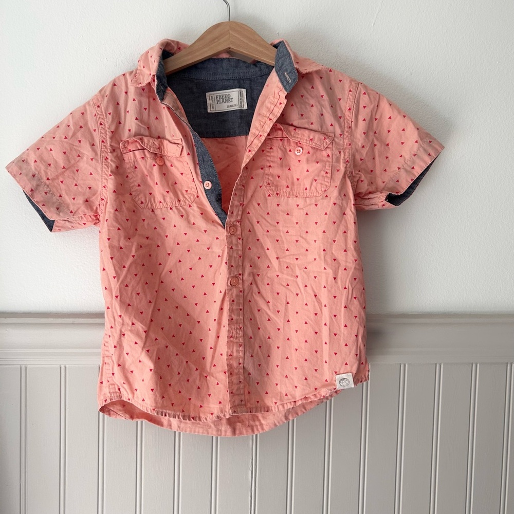 🌿Free Planet Boys 6 100% Cotton Coral Print Button-Up Short Sleeve Shirt